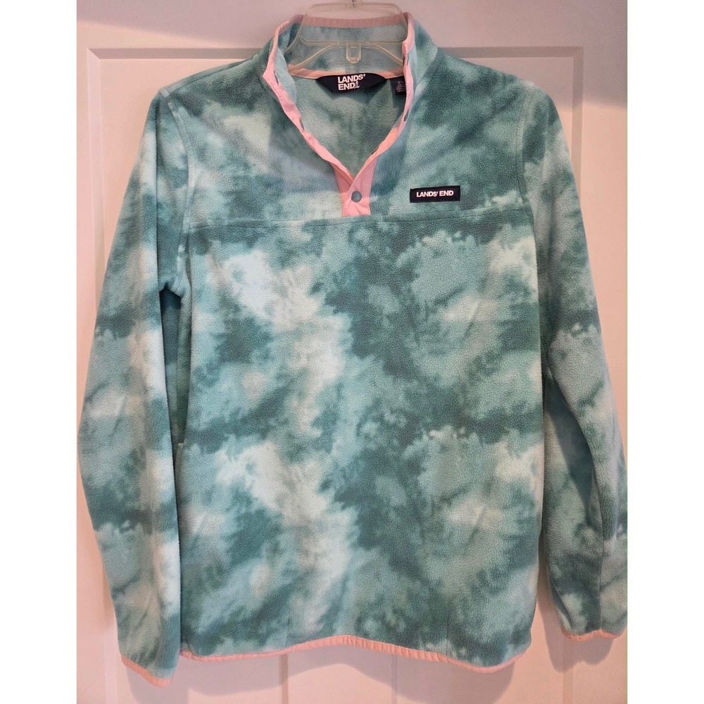 Lands End Kids Girls Heritage Fleece Snap Neck Pullover Size XL 14-16 Green Pink